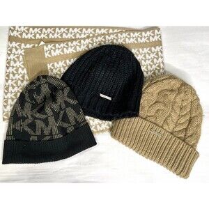 3 Michael Kors Beanie Brown, Black & Signature MK Knit Hats & Scarf